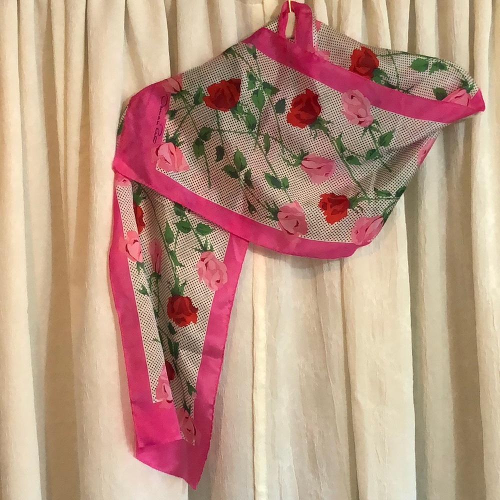 Oscar de la Renta Pink and Red Rose Polka Dot Silk Scarf